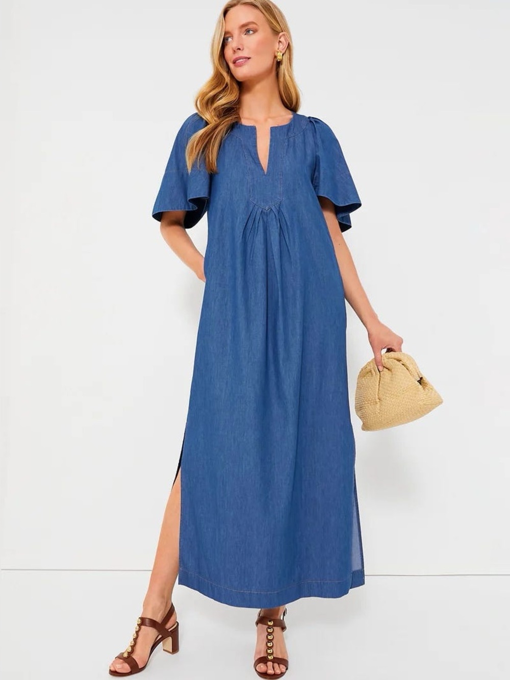 POMANDER‎ PLACE Denim Finley Flutter Sleeve Maxi Dress size M